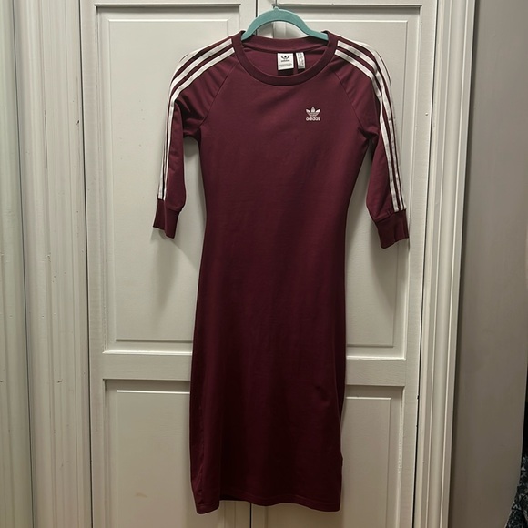✨ ADIDAS ✨ Maroon Originals Three Stripe Midi T Shirt long sleeve Dress - Picture 3 of 11